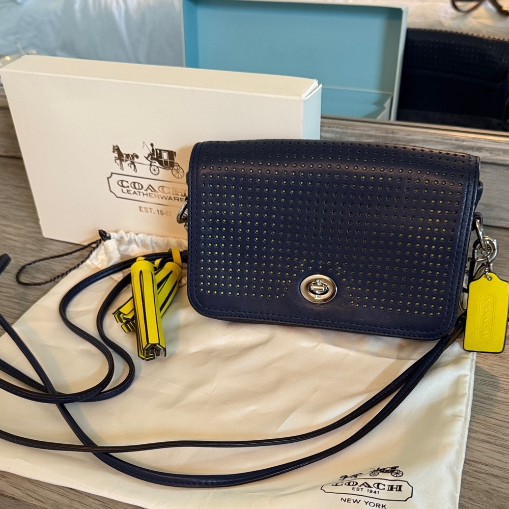 Coach Perforated Navy and Yellow Crossbody Bag